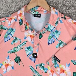 Bad Birdie Mens XL Tropical Floral Print‎ Polo Shirt Golf Performance Coral Pink